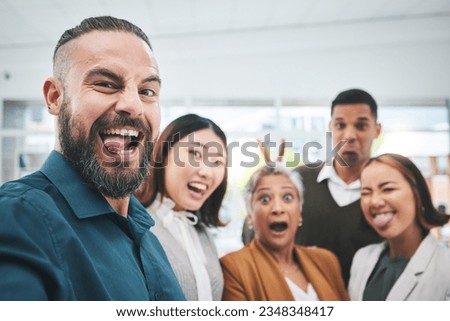 Portrait, selfie and group of funny business people in office for team building, collaboration and support. Diversity, teamwork and happy friends with silly faces for profile picture on social media