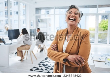Happy, mature woman and manager with arms crossed in office, workplace and confident in working for professional startup. Portrait, smile and person with pride and happiness in Egypt business