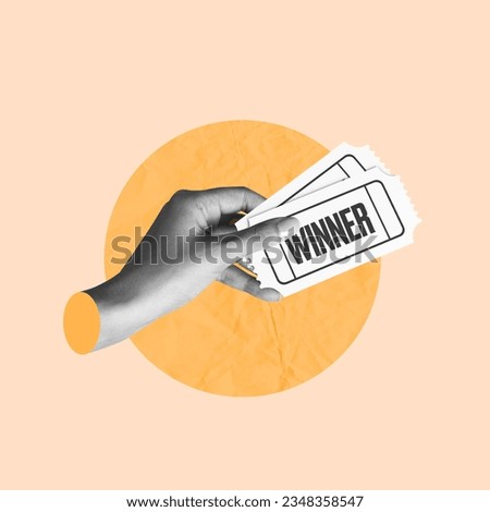 winning ticket, hand with winning ticket, enter ticket, winning prize, win money, contest prize, gift, voucher, coupon, concept, collage art, collage photo Royalty-Free Stock Photo #2348358547