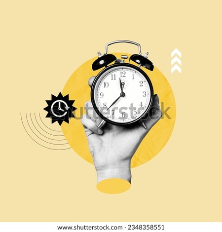 time, alarm clock, arriving early, punctuality, time concept, morning, afternoon, night, time is money, 24 hours, minimalist concept, collage art, photo collage Royalty-Free Stock Photo #2348358551