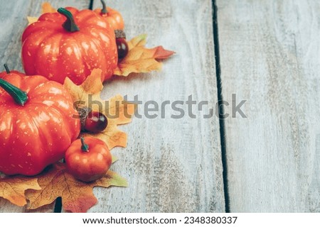 Thanksgiving and Autumn decoration concept made from autumn leaves and pumpkin on wooden light background. Flat lay, top view with copy space.