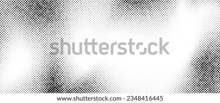 Aged halftone noise gradient texture. Grunge dirty speckles and spots background. White and black faded sand grain wallpaper. Retro pixelated comic horizontal backdrop. Vector gritty pop art Royalty-Free Stock Photo #2348416445
