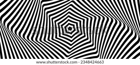 Radial optical illusion background. Black and white abstract distorted lines surface. Hypnotic poster design. Rotating hexagon spiral illusion wallpaper. Vector op art illustration Royalty-Free Stock Photo #2348424663