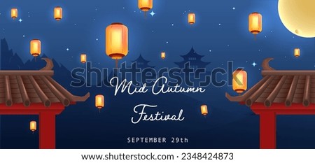Happy Mid Autumn Festival with Red Chinese Temple, Rabbit, Mooncake and Flying Lantern Vector Illustration. 