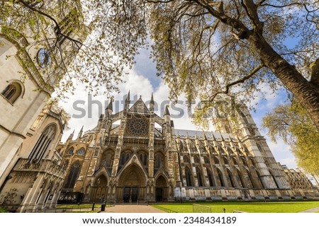 Westminster Abbey in London,  formally titled the Collegiate Church of Saint Peter at Westminster. It has been the coronation church for 40 English and British monarchs and held over 16 royal weddings Royalty-Free Stock Photo #2348434189