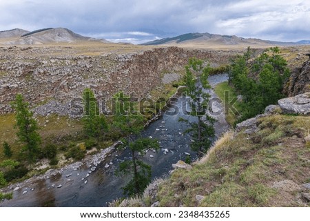 Chuluut River Canyon in Mongolia near the Tariat town. A tilt shift photography of this huge canyon in the valley of the Khangai Mountains in central Mongolia.  A tributary of the Ider river.