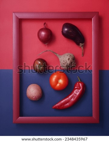 Onion, potato, tomatoes, beetroot, eggplant and pepper in wooden picture frame on red and blue background