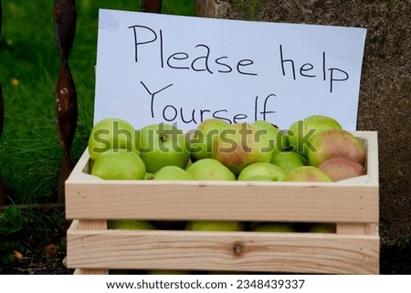 Picked ripe apples in a wooden box offered to pick for free outside a garden