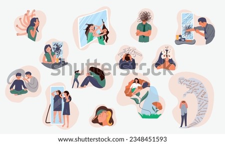 Self criticism flat set of people blaming themselves feeling guilty and stressed isolated vector illustration Royalty-Free Stock Photo #2348451593