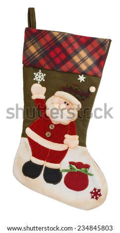 Green and white empty stocking with Santa Claus isolated on white background