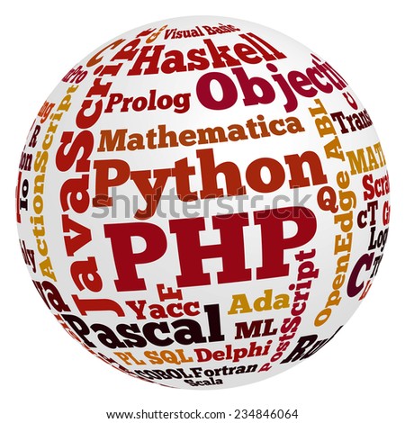 Conceptual tag cloud containing names of programming languages, PHP emphasized, related to web and software development and engineering, programing, coding, computing and software applications.