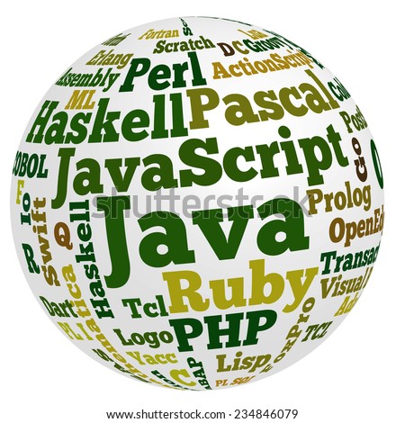 Conceptual tag cloud containing names of programming languages, Java emphasized, related to web and software development and engineering, programing, coding, computing and software applications.