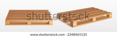 Wooden pallet for transportation and storage of goods - 3d realistic vector illustration set of tray with wood texture in different angles. Standard equipment for loading and delivery of parcels. Royalty-Free Stock Photo #2348465133