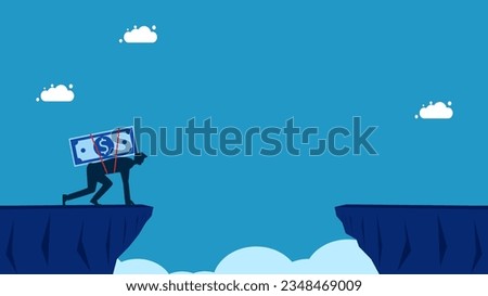 Take a risk. Businessman with banknotes preparing to jump over a high cliff