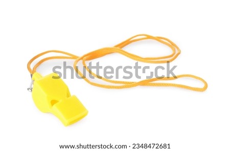 One yellow whistle with orange cord isolated on white