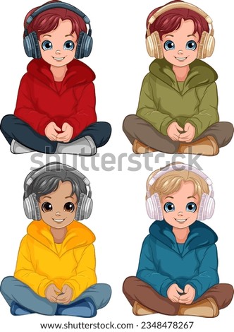 Boy sitting on the floor listening to music with headset set illustration