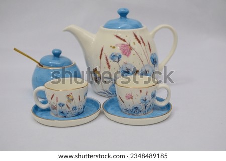 Mock up design- set of elegant and traditional tea set teapot colorful white and blue coffee cup and Tea cup on cup's plate beside the hot tea pot , design- drink-ware isolated on white background