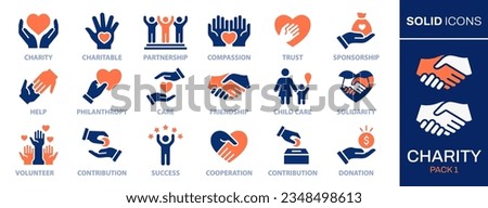 Charity icons set. Collection of hands, donations, hearts, unity and more. Vector illustration. Easily changes to any color.
