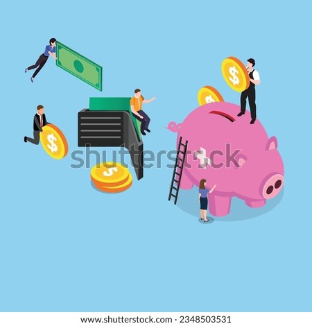 Savings in a piggy bank. Small people put money in banks to save and bank interest to return the investment isometric 3d vector concept for banner, website, illustration, landing page, etc
