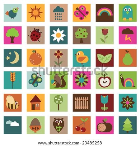 Square nature icons in bright colors in a cartoon style isolated on white
