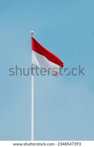 Fluttering the Red and White flag, on a pole high in the blue sky, commemorating Independence Day.