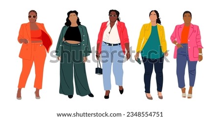 Set of Modern curvy women wearing colorful fashionable smart casual office outfit. Vector realistic illustration of diverse multiracial standing cartoon plus size girls Isolated on white background