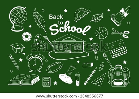 Vector Set Back to school doodle white line on green blackboard background. Modern teaching learning