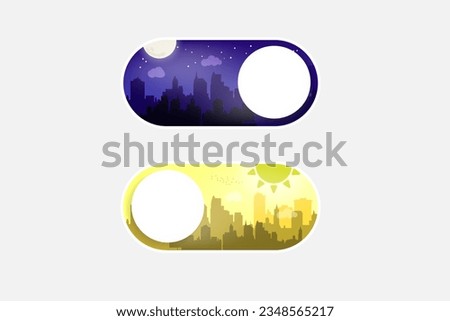 Night and Day Switch Button Concept. Daylight or evening cityscape skyline. Urban Dark or Light Mode town silhouette with sun and moon. Day and Night indicator button switch theme. AM or PM. Vector. Royalty-Free Stock Photo #2348565217