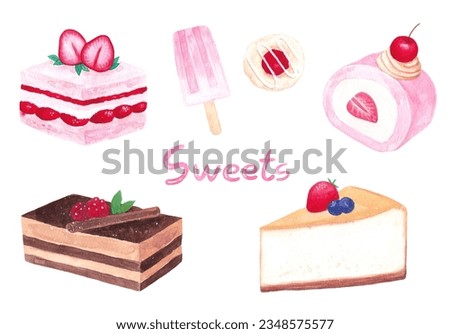 sweets and desserts watercolor hand painting elements, cake, roll cake, cookie, Popsicle, ice cream illustration