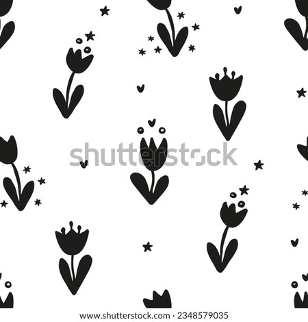 Botanical pattern with bluebell flowers. Black and white seamless floral print for fabric of spring girlish dresses, summer country textiles, bed linen. Cute wallpaper for design Mother's Day.