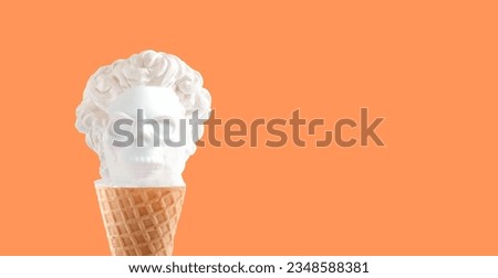 Male antique statue with skull face in waffle cone on orange background. Ice cream Halloween advertisment creative poster.