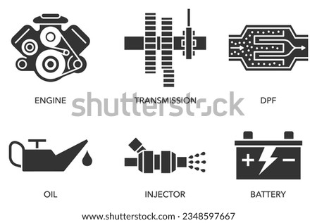 Car service and diagnostics flat icons set - DPF, transmission gearbox, oil, injector and machine engine and battery Royalty-Free Stock Photo #2348597667