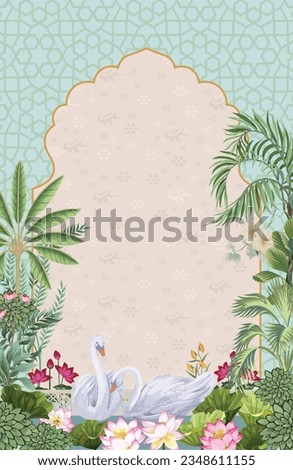 Indian Mughal garden, swan, lotus and arch frame illustration for print invitation Royalty-Free Stock Photo #2348611155