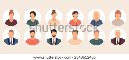 Vector flat illustration. Men and women in different styles. Avatar, user profile, person icon, profile picture. Suitable for social media profiles, icons, screensavers and as a template.