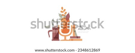 Hello Autumn banner. Modern color design. Concept with microphone, coffee and books.
