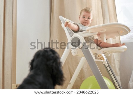 Cute child eats healthy food pasta and vegetables steamed,. Portraits of a cute 10 months old baby girl. The baby sitting in a special high chair for babies.  Royalty-Free Stock Photo #2348622025