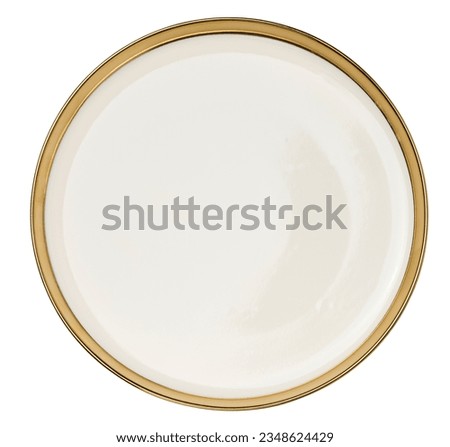 Round ceramic white plate with a gilded edge on a white isolated background, top view Royalty-Free Stock Photo #2348624429