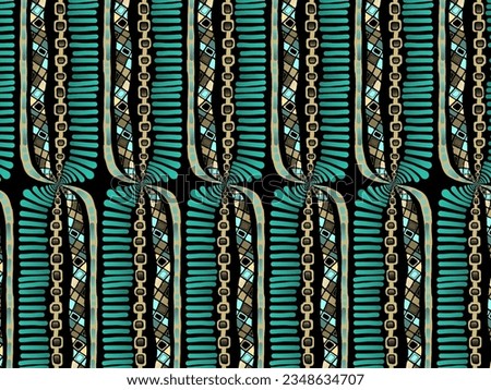 A hand drawing pattern made of turquoise beige and brown tones on a black background