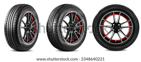 Wheel car, Car tire, Aluminum wheels, Modern wheel rim, racing wheel and tire side view isolated on white background. Royalty-Free Stock Photo #2348640221