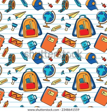 Multicolored school supplies, seamless pattern. Back to school. Vector.