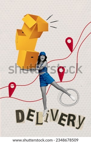 Vertical composite photo illustration collage of funny funky careful courier girl hold delivery boxes isolated on paper background