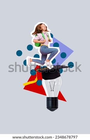 Collage artwork graphics picture of excited little schoolkid successfully graduating secondary school isolated grey color background