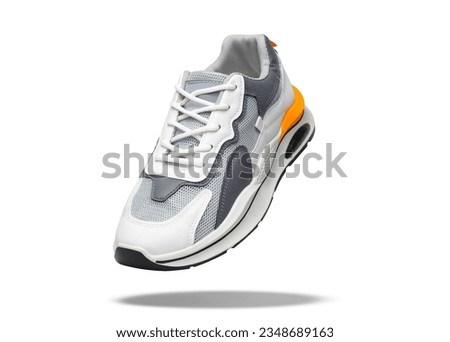 White sneaker isolated on white background, men's fashion, sport shoe, air, sneakers, lifestyle, concept, product photo, levitation concept, street wear, trainer Royalty-Free Stock Photo #2348689163