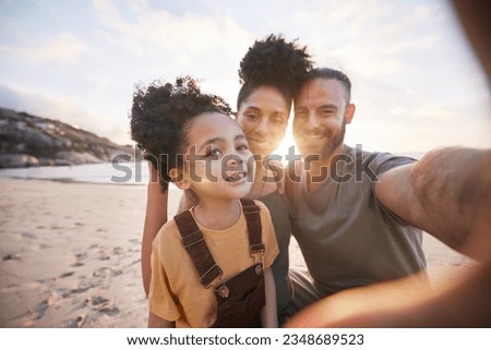 Portrait, family and selfie at beach at sunset, bonding and having fun outdoor. Face, smile and father, kid and mother at ocean in interracial, summer holiday or vacation to travel in profile picture