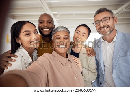 Portrait, selfie and team of business people smile in office for global staff collaboration. Diversity, happy employees or friends in profile picture about us on social media blog for company culture