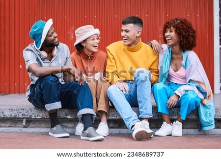 Fashion, university and friends laugh in city, relax on holiday, adventure and weekend together. Travel, college students and men and women in urban town for bonding, conversation and fun on vacation