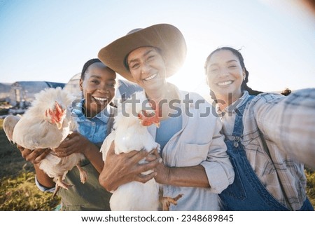 Happy, selfie or farmers on a chicken farm farm or field harvesting poultry livestock in small business. Social media, smile or portrait of women with animal birds to take photo for farming memory