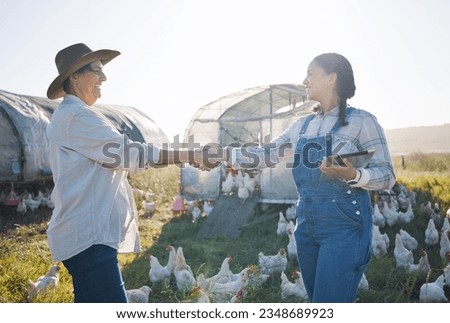 Chickens, farm and women with handshake, sustainability and agreement with partnership, agriculture and cooperation. People, thank you and poultry farmers with tablet, shaking hands and countryside