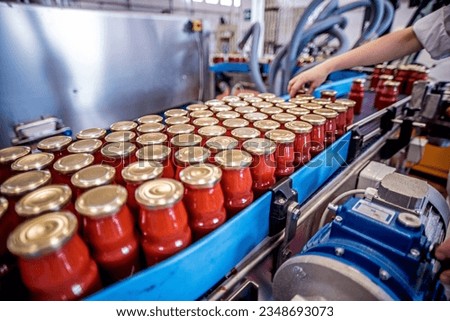 The working process of production of tomatoes to canned food and vegetable factory. Workers on the production of canned food. Processing tomato. Sicily Italy. Royalty-Free Stock Photo #2348693073