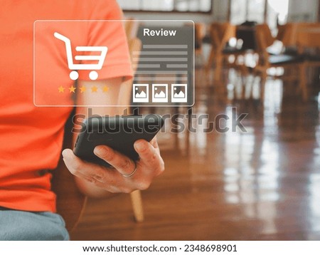 Young woman writing a review with pictures satisfaction product reviews services hotel accommodation on a digital virtual window.